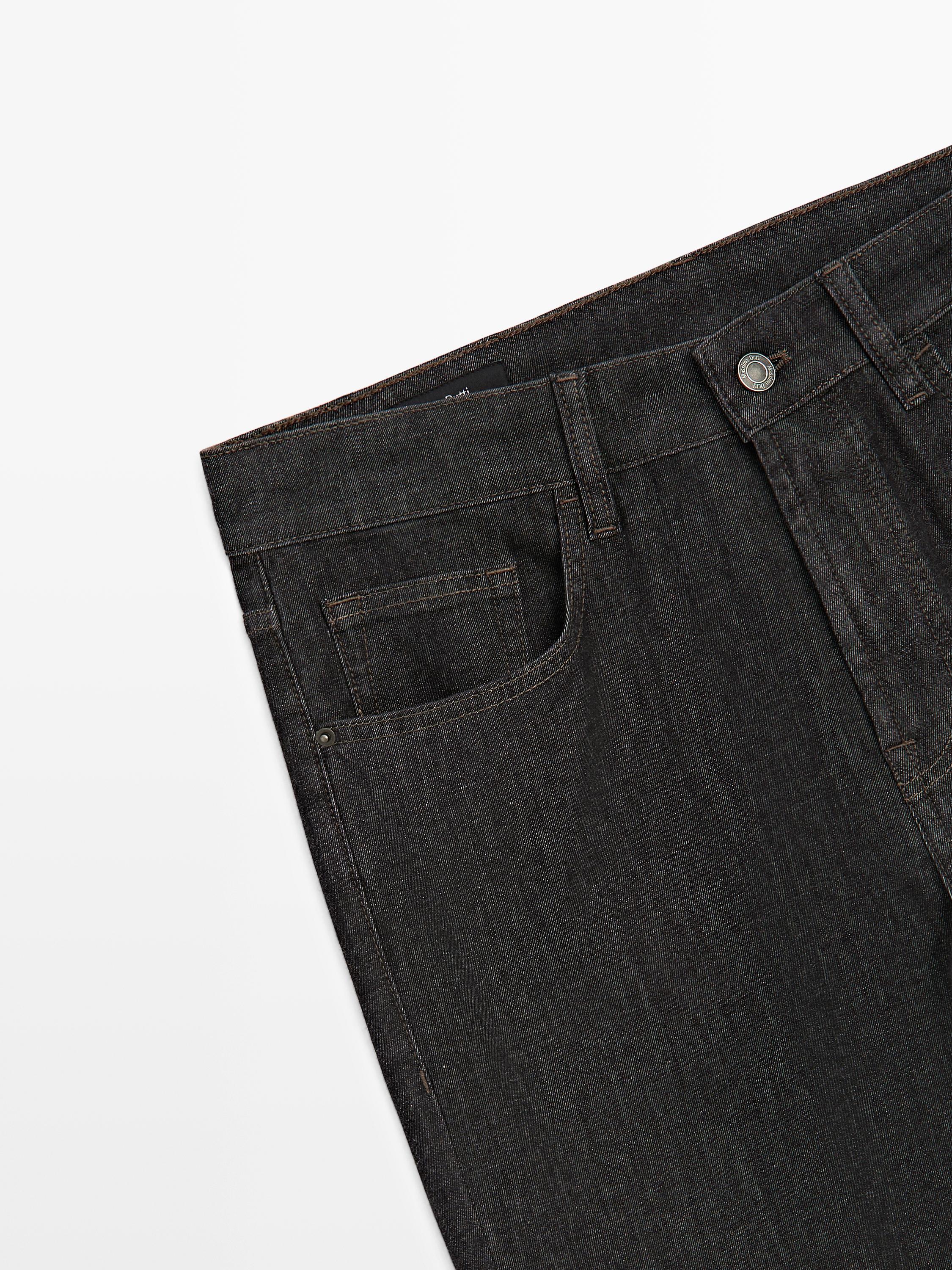 Lightweight tapered fit denim-effect trousers